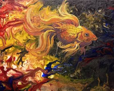 "Flow art - goldfish" - Acrylic medium on canvas - Painting by Susan Higginson, an artist from Hawke's Bay, New Zealand.