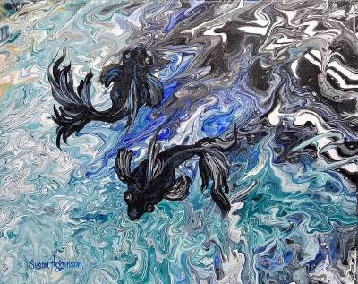 "Flow Art - Black goldfish" - Acrylic medium on canvas - Painting by Susan Higginson, an artist from Hawke's Bay, New Zealand.