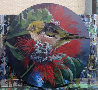 "Waxeye and Pohutakawa" - wooden circle - Painting by Susan Higginson, an artist from Hawke's Bay, New Zealand.