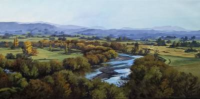 "Tukituki River from Pukeora" - Acrylic medium on museum canvas - Painting by Susan Higginson, an artist from Hawke's Bay, New Zealand.